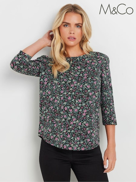 M&Co Black Petite Floral 100% Cotton Top (AK6420) | AZN 53