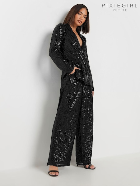 PixieGirl Petite Black Sequin Wide Leg Trousers (AK6427) | 111 QAR