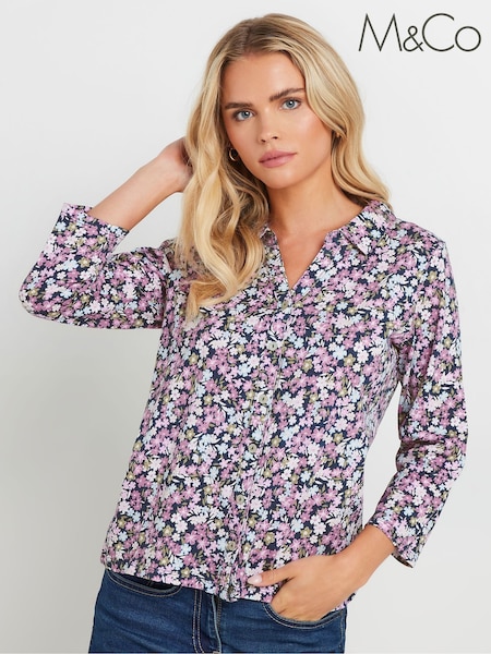 M&Co Pink Petite Floral Collared 100% Cotton Shirt (AK6435) | €31