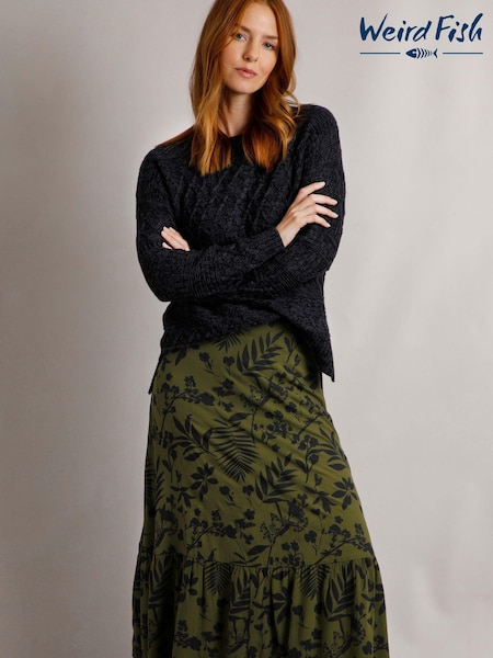 Weird Fish Green 100% Organic Cotton Minerve Eco Viscose Printed Midi Skirt (AK6571) | €42