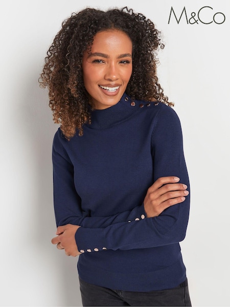 M&Co Blue Button Detail Turtle Neck Jumper (AK6820) | €39