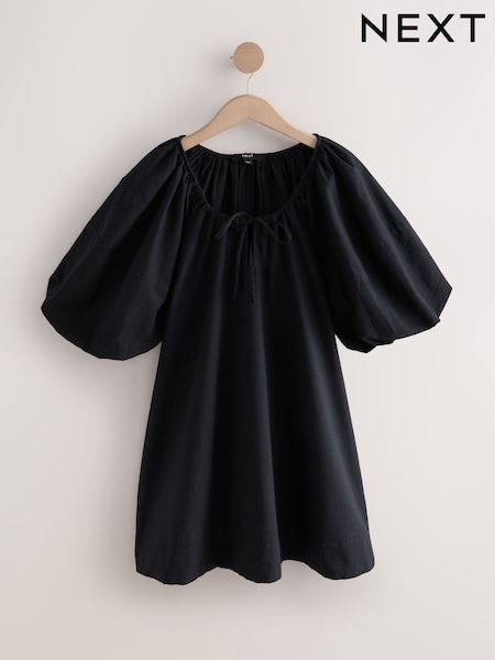 Black 100% Cotton Puff Sleeve Tie Front Mini Dress (AK7127) | €12