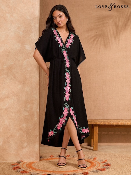Musta - Love & Roses Brodeerattu Kaftan (AK7159) | €76