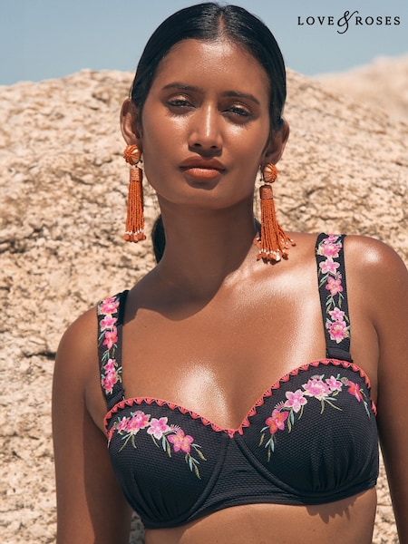Love & Roses Black Embroidered Moulded Bikini Top (AK7160) | CA$86