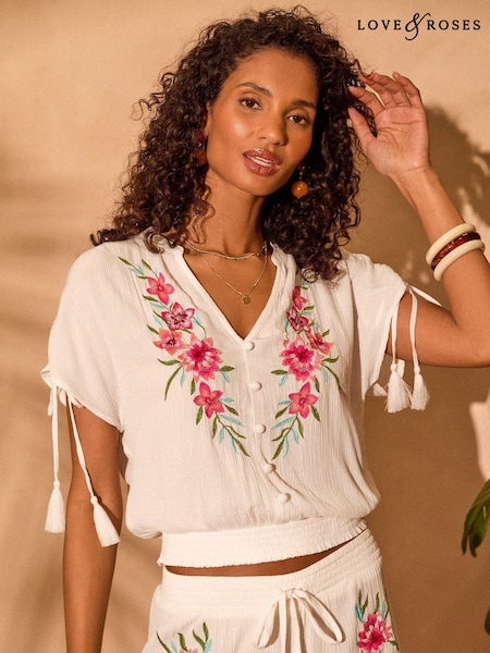 Love & Roses Embroidered Beach White Top (AK7163) | 268 LEI