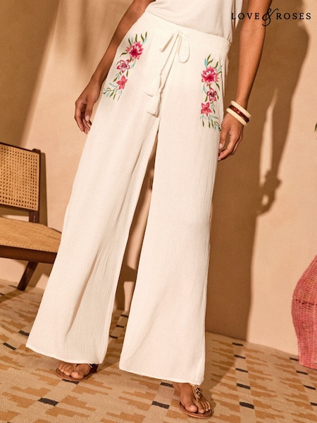 Love & Roses Embroidered Beach Trousers (AK7164) | 268 LEI