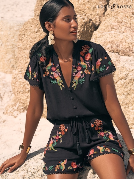 Love & Roses Embroidered Tropical Beach Top (AK7165) | 268 LEI