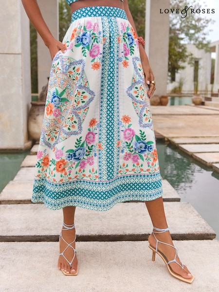 V&A I Love & Roses Placement Print Full Midi Skirt (AK7188) | 343 LEI