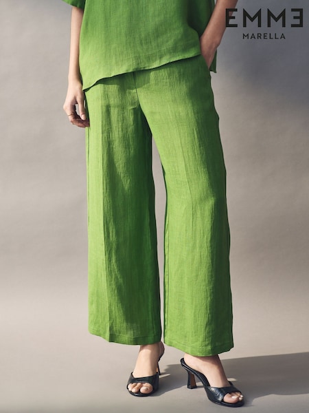 Emme Marella Green Silvana Long 100% Linen Trousers (AK7330) | €148