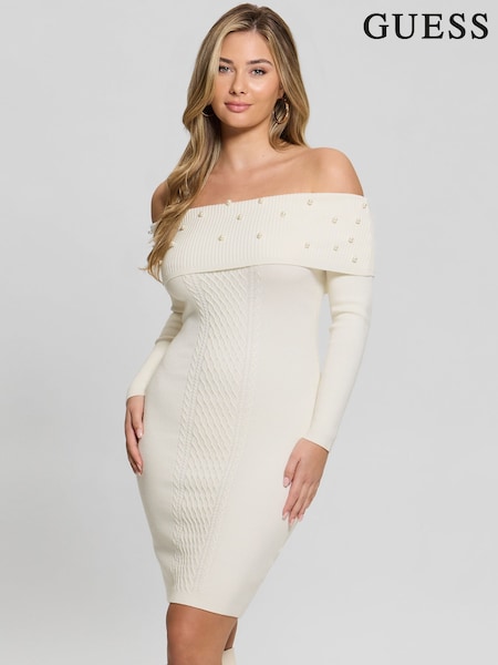 Guess Cream Amber Knitted Pearl Off Shoulder 100% Cotton Dress (AK7404) | €186