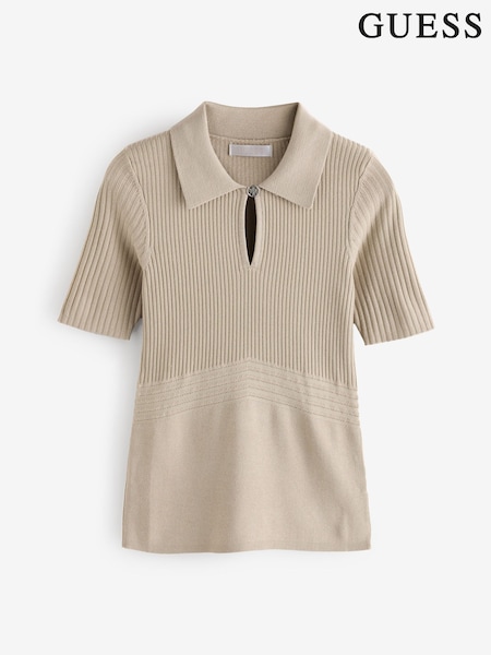 Guess Flora Cut Out Short Sleeve 100% Cotton Brown Polo Shirt (AK7407) | ‏302‏₪