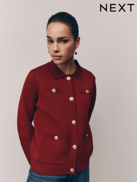 אדום - Smart Button Up Collared Knit Jacket (AK7413) | ‏140‏₪