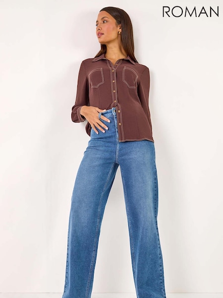 Roman Brown Button Up Pocket Detail Collar Shirt (AK7462) | €40