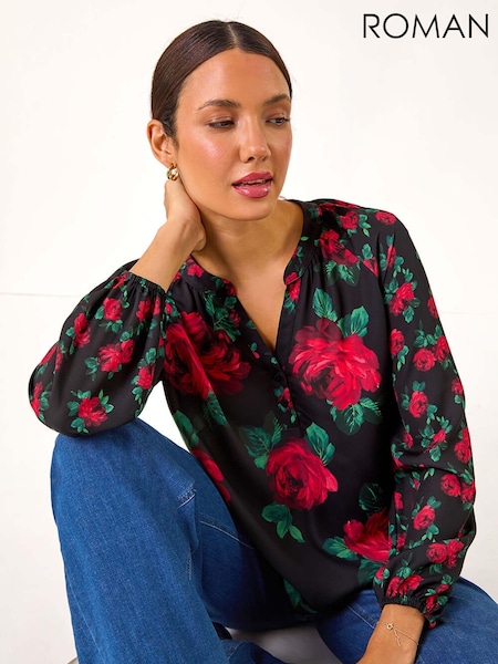 Roman Red Floral Print Notch Neck Top (AK7475) | AED255