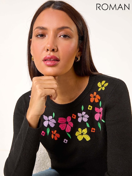 Roman Black Soft Crew Embroidered Sweater (AK7485) | AED145