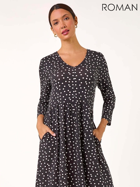 Roman Black Spot Print Button Detail V-Neck Dress (AK7498) | €53