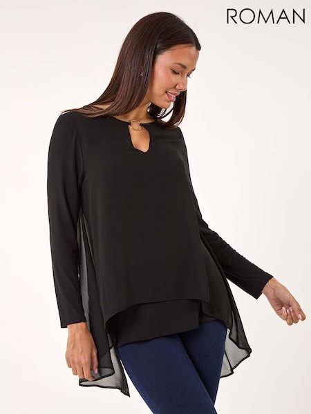 Roman Black Ring Front Chiffon Overlay Tunic Top (AK7501) | R$ 425