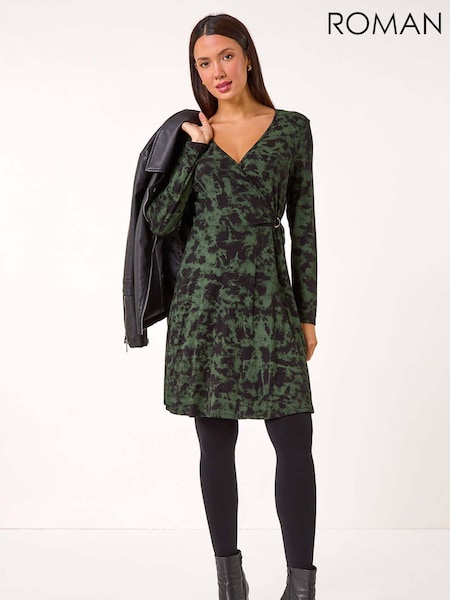 Roman Green Tie Dye Wrap Detail Stretch Dress (AK7506) | R$ 510
