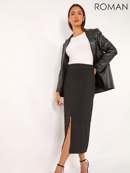 שחור - Roman Front Split Knitted Midi Skirt (AK7511) | ‏264‏₪