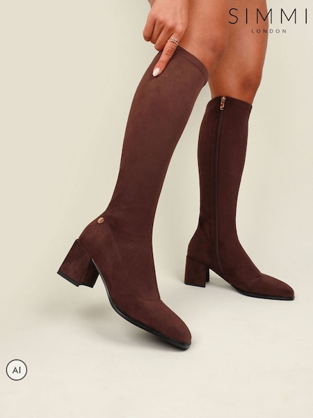 Brown - Simmi London Clive Knee High Stretch Block Heeled Boots