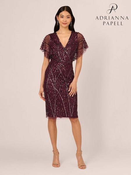 Adrianna Papell Purple Beaded Dolman Sleeve Dress (AK7547) | AED725