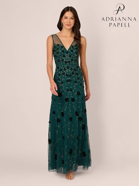Adrianna Papell Green Beaded Mesh Illusion Dress (AK7549) | €374