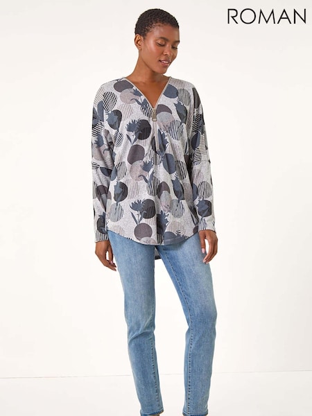 Roman Spot Print V-Neck Zip Front Stretch Top (AK7573) | ‏201‏₪