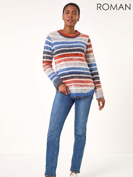 Roman Blue Fluffy Striped Curve Hem Jumper (AK7584) | AED306