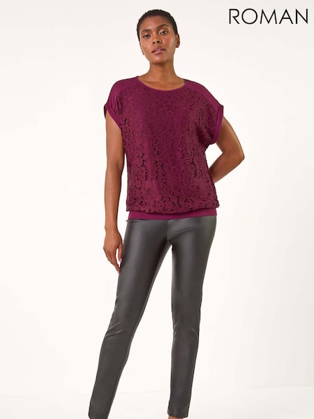 Roman Burgundy Red Lace Panel Stretch Jersey Top (AK7587) | AED255