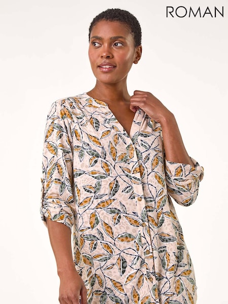 Roman Button Detail Leaf Print Blouse (AK7588) | ‏239‏₪
