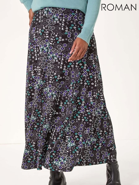 כחול  - Roman Ditsy Floral Print Stretch Midi Skirt (AK7594) | ‏201‏₪