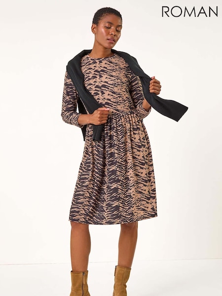 Roman Brown Animal Print Ribbed Gathered Waist Dress (AK7606) | R$ 510