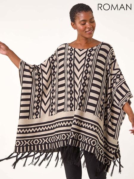 Roman Black Pattern Fringe Poncho Jumper (AK7611) | 208 QAR