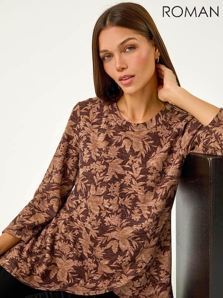 Roman Brown Stretch Floral Print Wrap Tunic (AK7613) | AZN 98