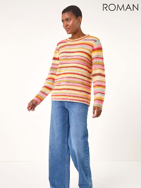 Roman Orange/ Yellow Fluffy Striped Stretch Knit Jumper (AK7615) | R$ 460
