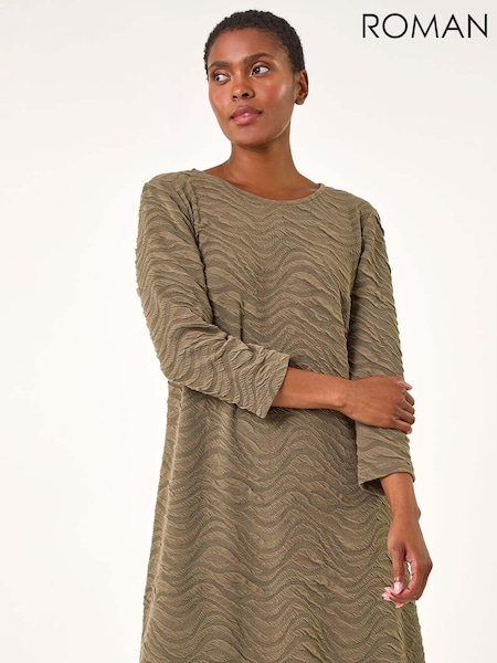 Roman Green Wave Textured Stretch A-Line Dress (AK7618) | AED153