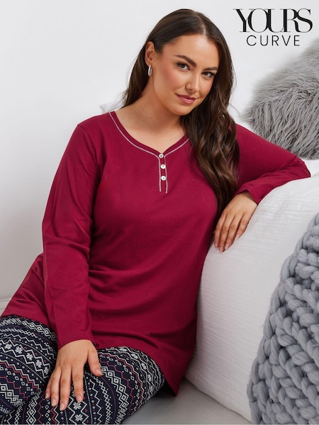 Yours Curve Red Placket Long Sleeve 100% Cotton Pyjamas Top (AK7646) | €23