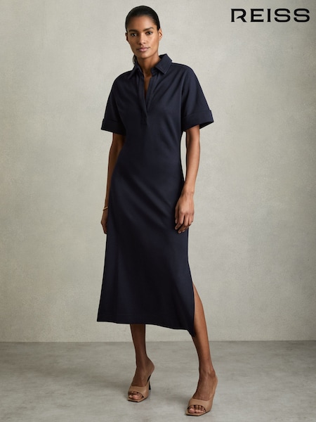 Reiss Navy Astrid Jersey Open-Collar Bodycon Dress (AK7650) | $194