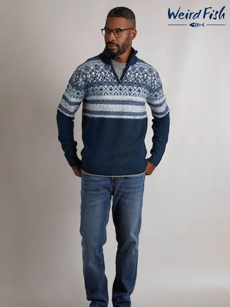 Weird Fish Blue Weird Fish Yarmouth Eco 1/4 Zip Fairisle Jumper (AK7831) | AED218