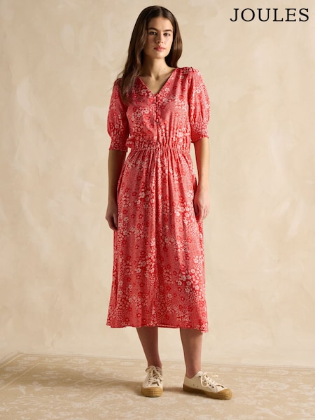 Joules Adele Red V-Neck Midi Dress (AK7861) | LEI 410