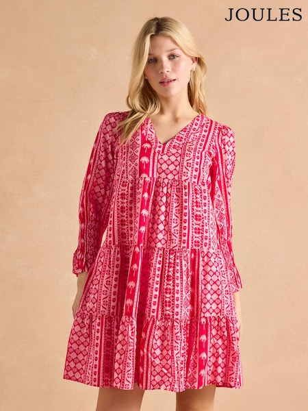 Joules Alessia Pink 3/4 Length Sleeve Tiered Cotton Dress (AK7864) | kr842