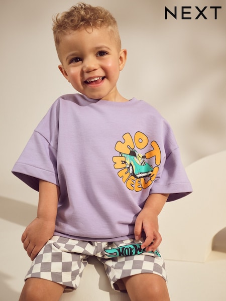 Lilac Purple Hot Wheels Short Sleeve Crewneck & Checkerboard Shorts 100% Cotton Set (3mths-8yrs) (AK7979) | R$ 175 - R$ 215