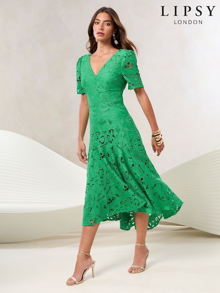 Verde - Lipsy Premium Broderie Lace Short Sleeve V-neck Alto Bajo Midi Dress (AK8240) | 219 €