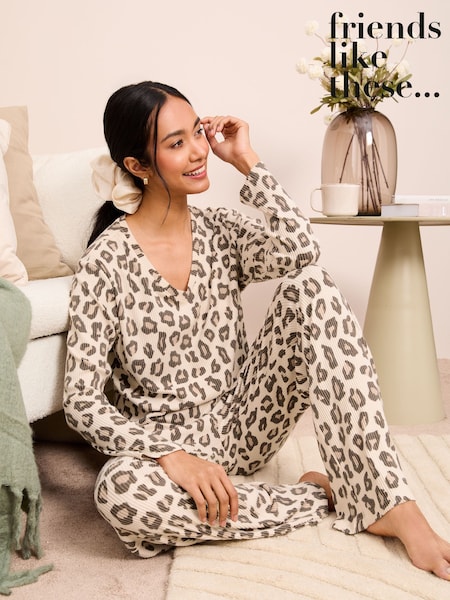 Friends Like These Brown Long Sleeve Ribbed Pyjama Set (AK8411) | ₪196