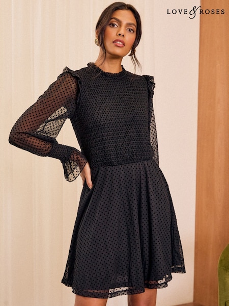 Love & Roses Mesh Spot Jersey Crew Neck Long Sleeve Mini Dress (AK8431) | 240 LEI