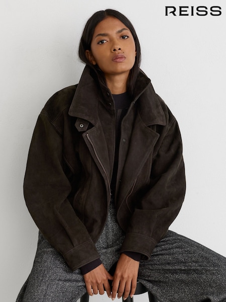 Coffee Brown - Reiss Noa Suede Double-layer Relaxed-fit Jacket