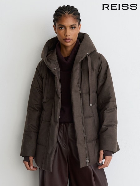 브라운 - Reiss Tory Wool Hooded Puffer Coat