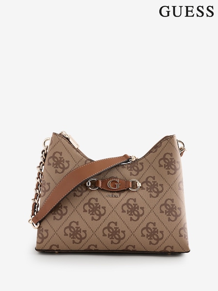 Guess Izzy 4G Logo Top Zip Shoulder Tan Brown Bag (AK8558) | 651 LEI