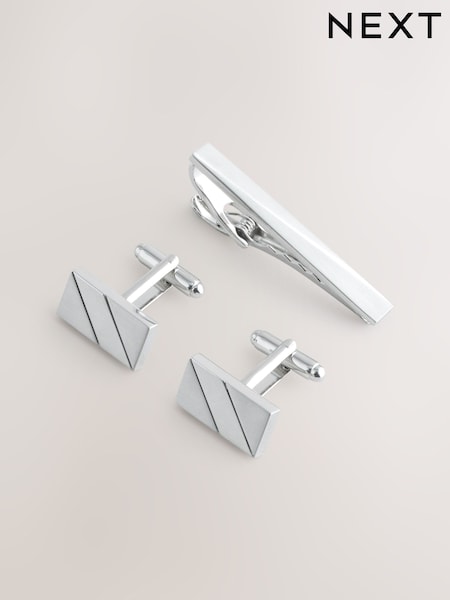 Silver Tone Brushed Metal Cufflink and Tie Clip Set (AK8602) | 120 zł