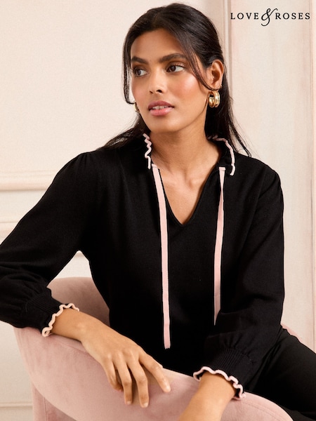 Negru - Love & Roses Scallop Cravată Gât Pulover Tricotat (AK8611) | 261 LEI